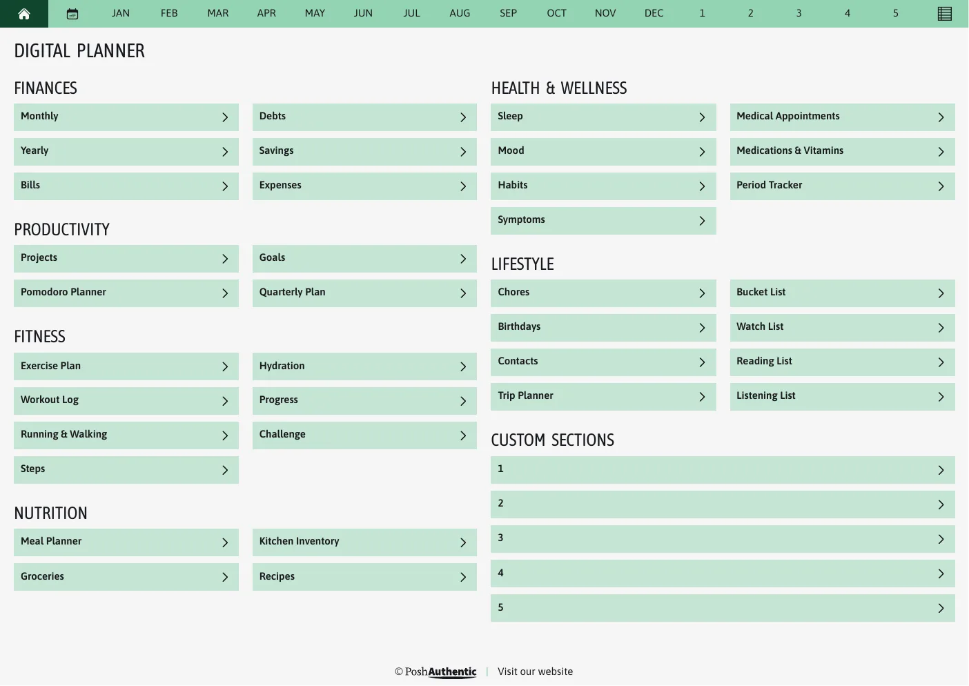 The planner’s dashboard page in the Green colorway — tappable section rows under the month navigation bar.