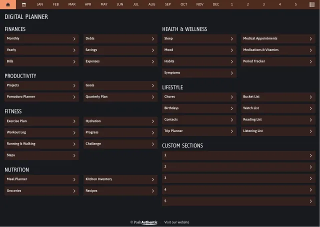The planner’s dashboard page in the Orange dark mode colorway — tappable section rows under the month navigation bar.