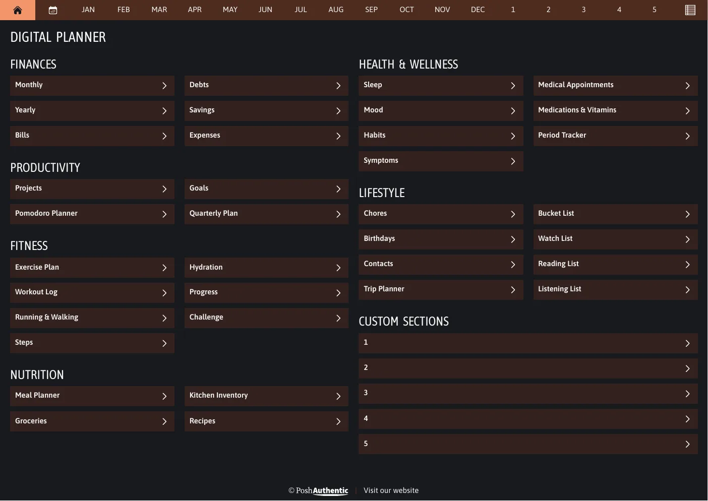 The planner’s dashboard page in the Orange dark mode colorway — tappable section rows under the month navigation bar.