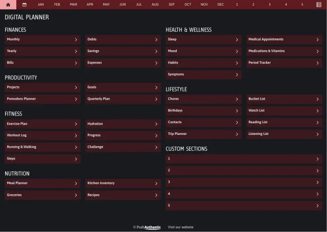 The planner’s dashboard page in the Red dark mode colorway — tappable section rows under the month navigation bar.