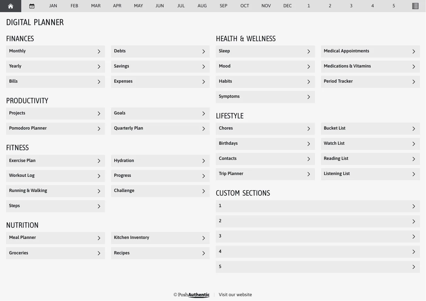 The planner’s dashboard page in the White colorway — tappable section rows under the month navigation bar.