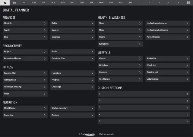 The planner’s dashboard page in the Black colorway — tappable section rows under the month navigation bar.