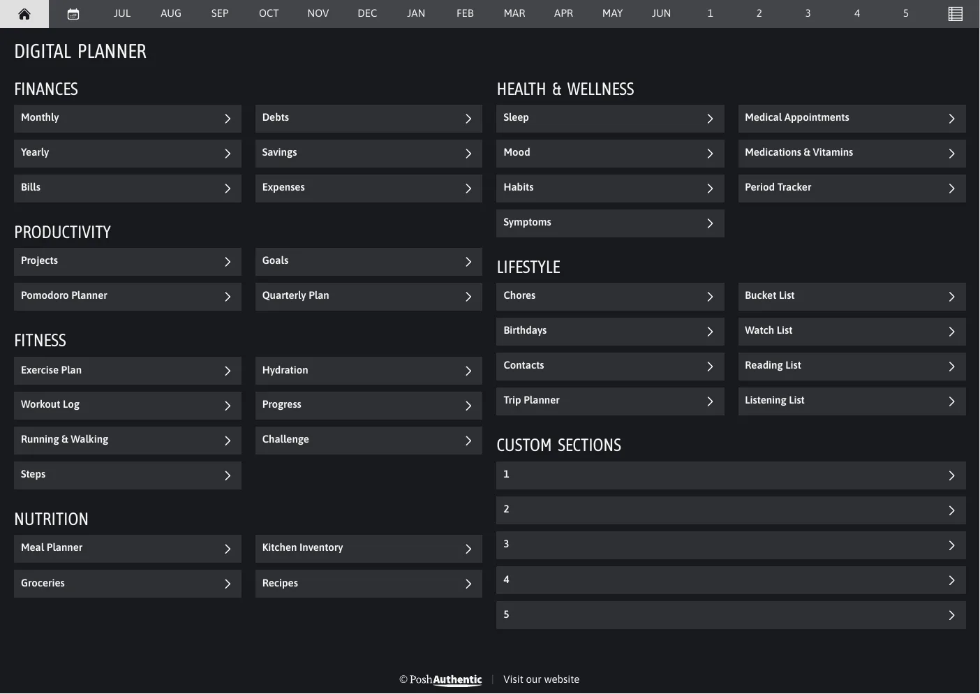 The planner’s dashboard page in the Black colorway — tappable section rows under the month navigation bar.