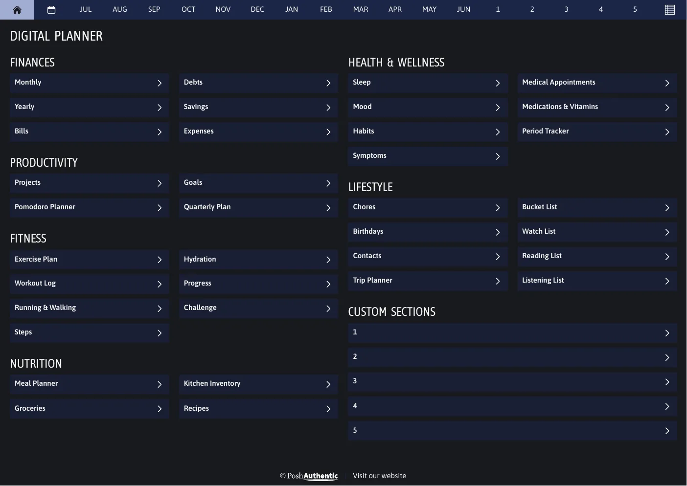 The planner’s dashboard page in the Blue dark mode colorway — tappable section rows under the month navigation bar.