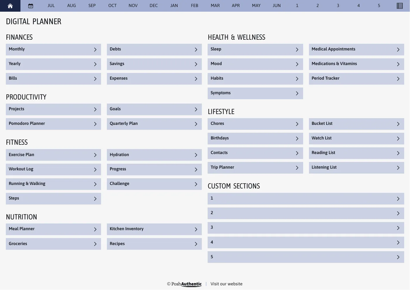The planner’s dashboard page in the Blue colorway — tappable section rows under the month navigation bar.