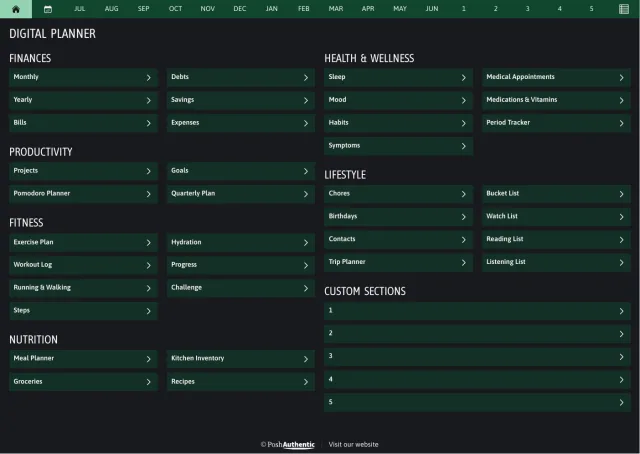The planner’s dashboard page in the Green dark mode colorway — tappable section rows under the month navigation bar.