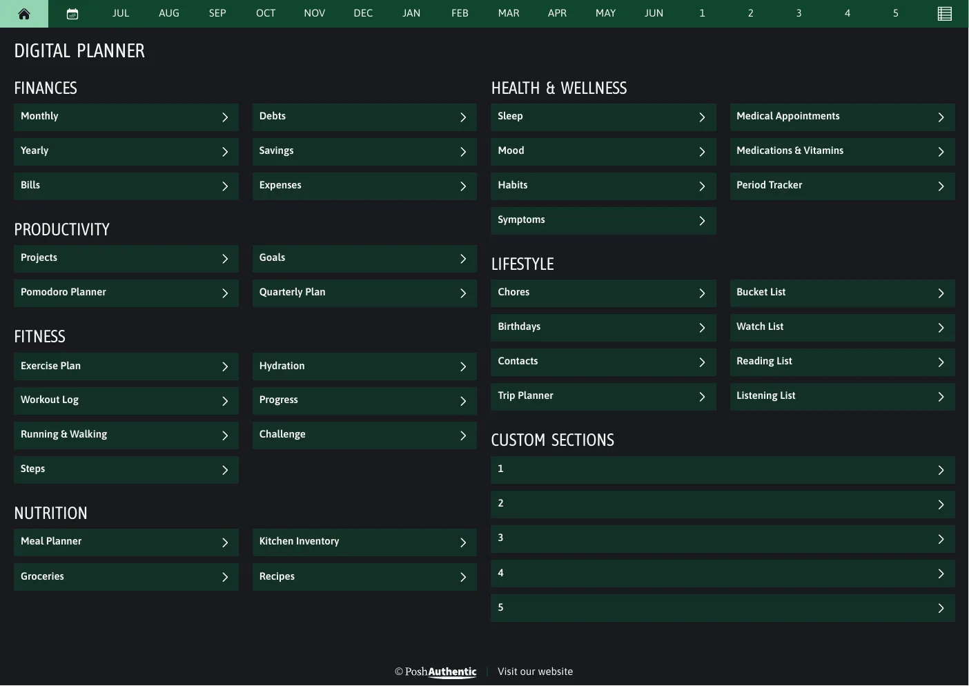 The planner’s dashboard page in the Green dark mode colorway — tappable section rows under the month navigation bar.