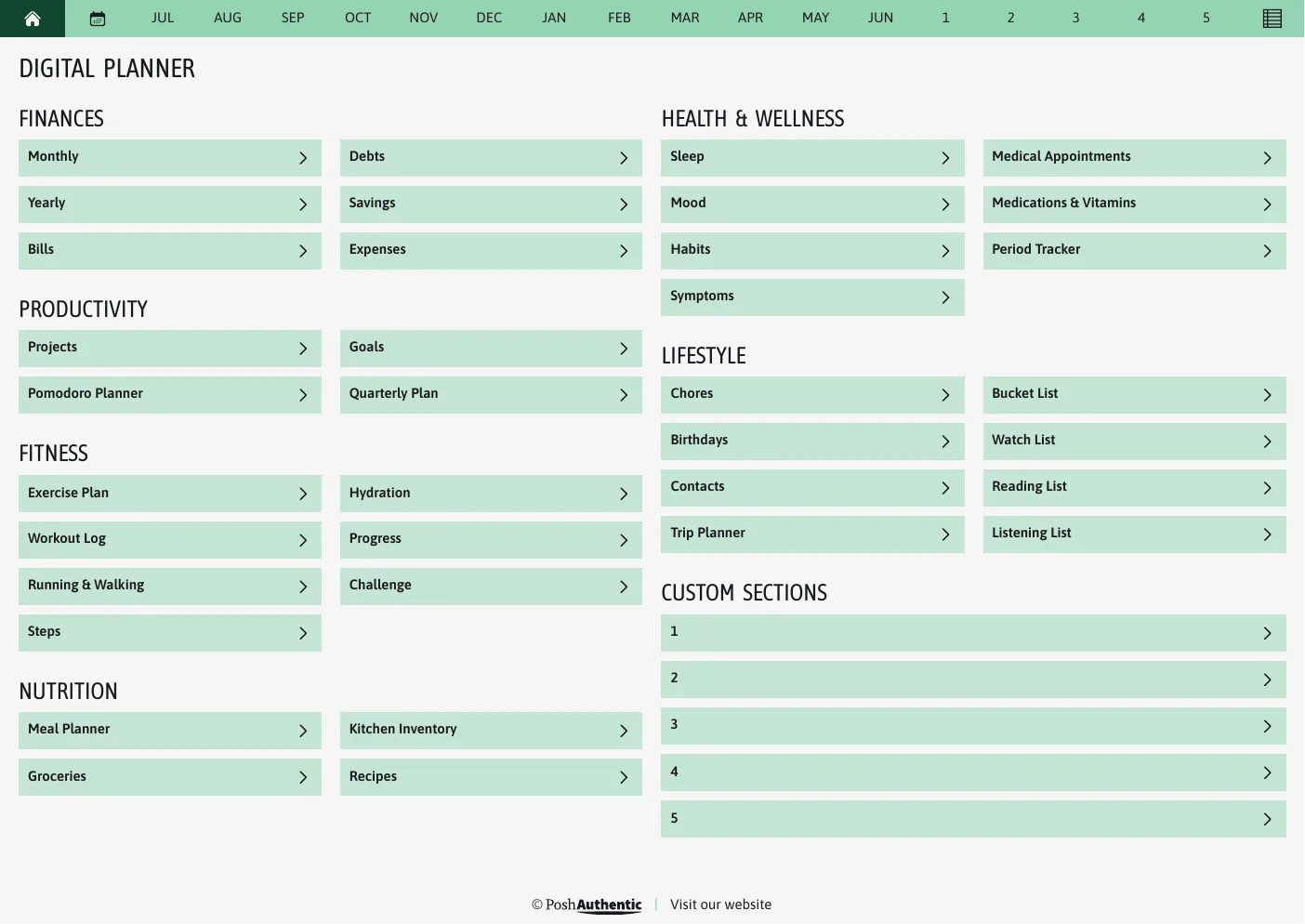 The planner’s dashboard page in the Green colorway — tappable section rows under the month navigation bar.
