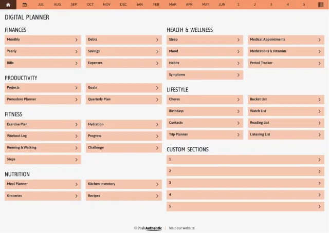 The planner’s dashboard page in the Orange colorway — tappable section rows under the month navigation bar.