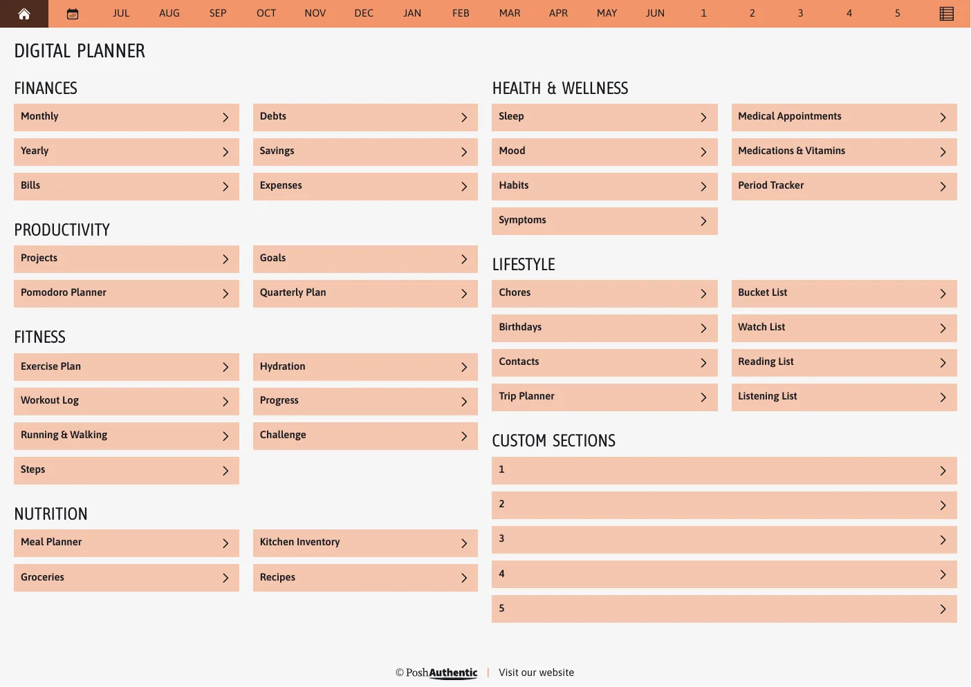 The planner’s dashboard page in the Orange colorway — tappable section rows under the month navigation bar.