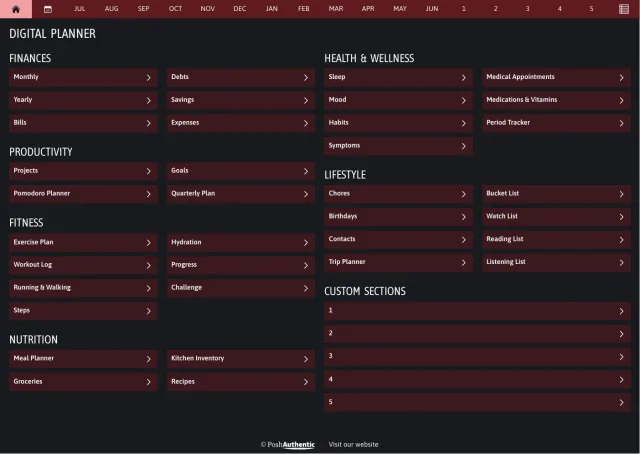 The planner’s dashboard page in the Red dark mode colorway — tappable section rows under the month navigation bar.