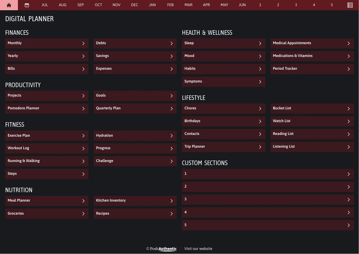 The planner’s dashboard page in the Red dark mode colorway — tappable section rows under the month navigation bar.