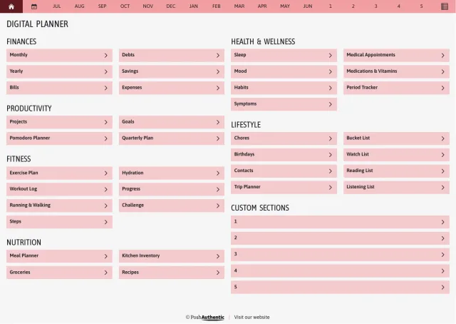 The planner’s dashboard page in the Red colorway — tappable section rows under the month navigation bar.