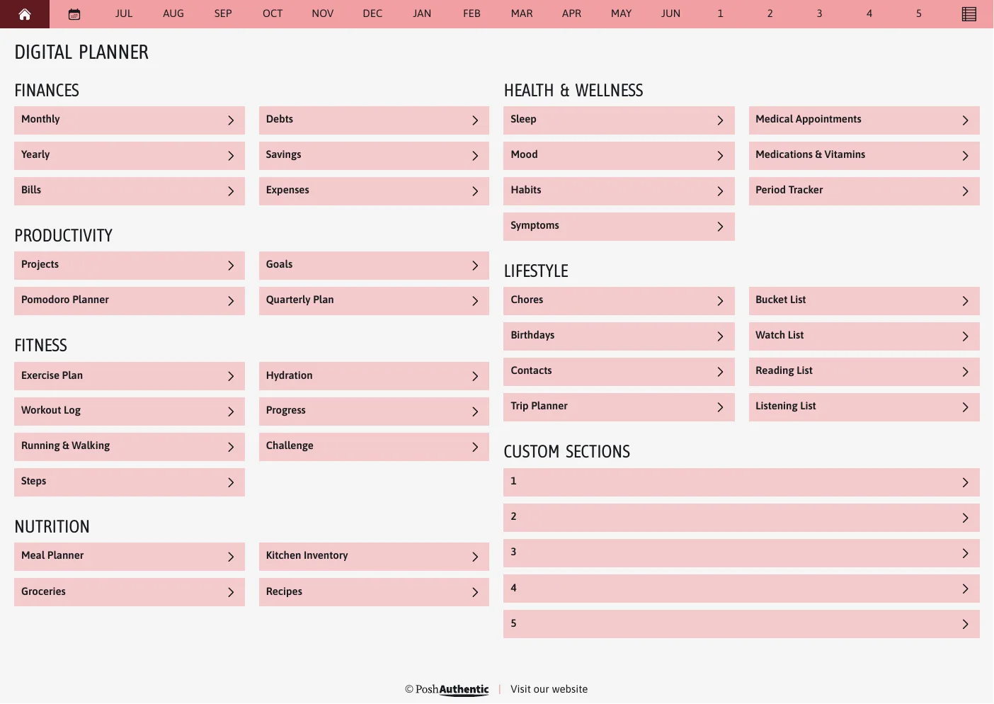 The planner’s dashboard page in the Red colorway — tappable section rows under the month navigation bar.