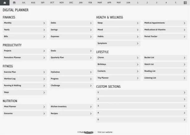 The planner’s dashboard page in the White colorway — tappable section rows under the month navigation bar.