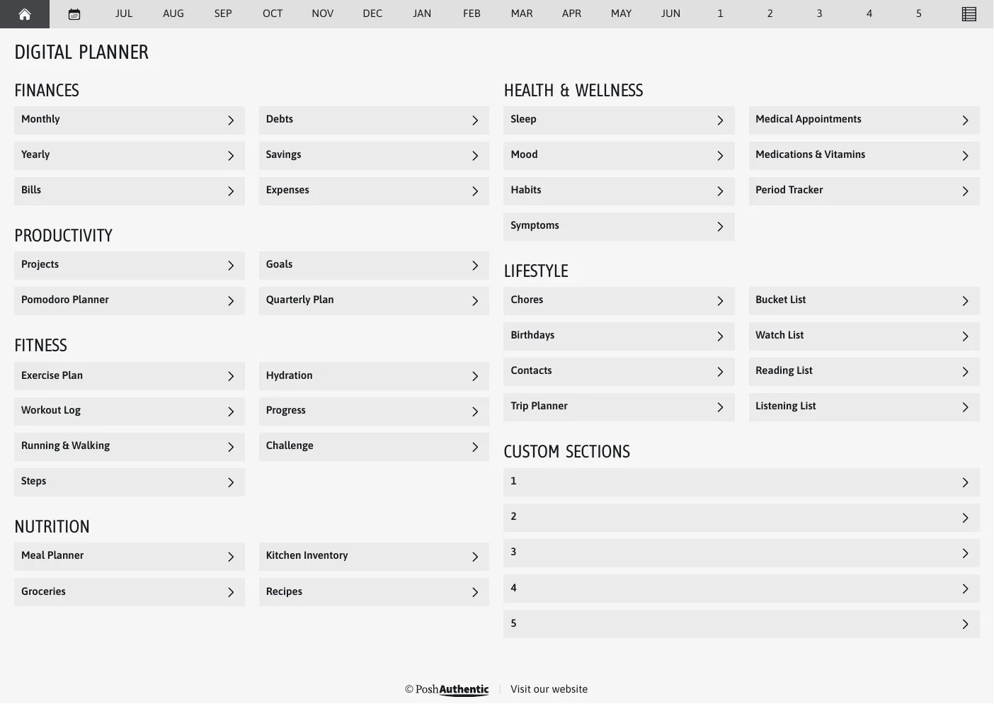 The planner’s dashboard page in the White colorway — tappable section rows under the month navigation bar.