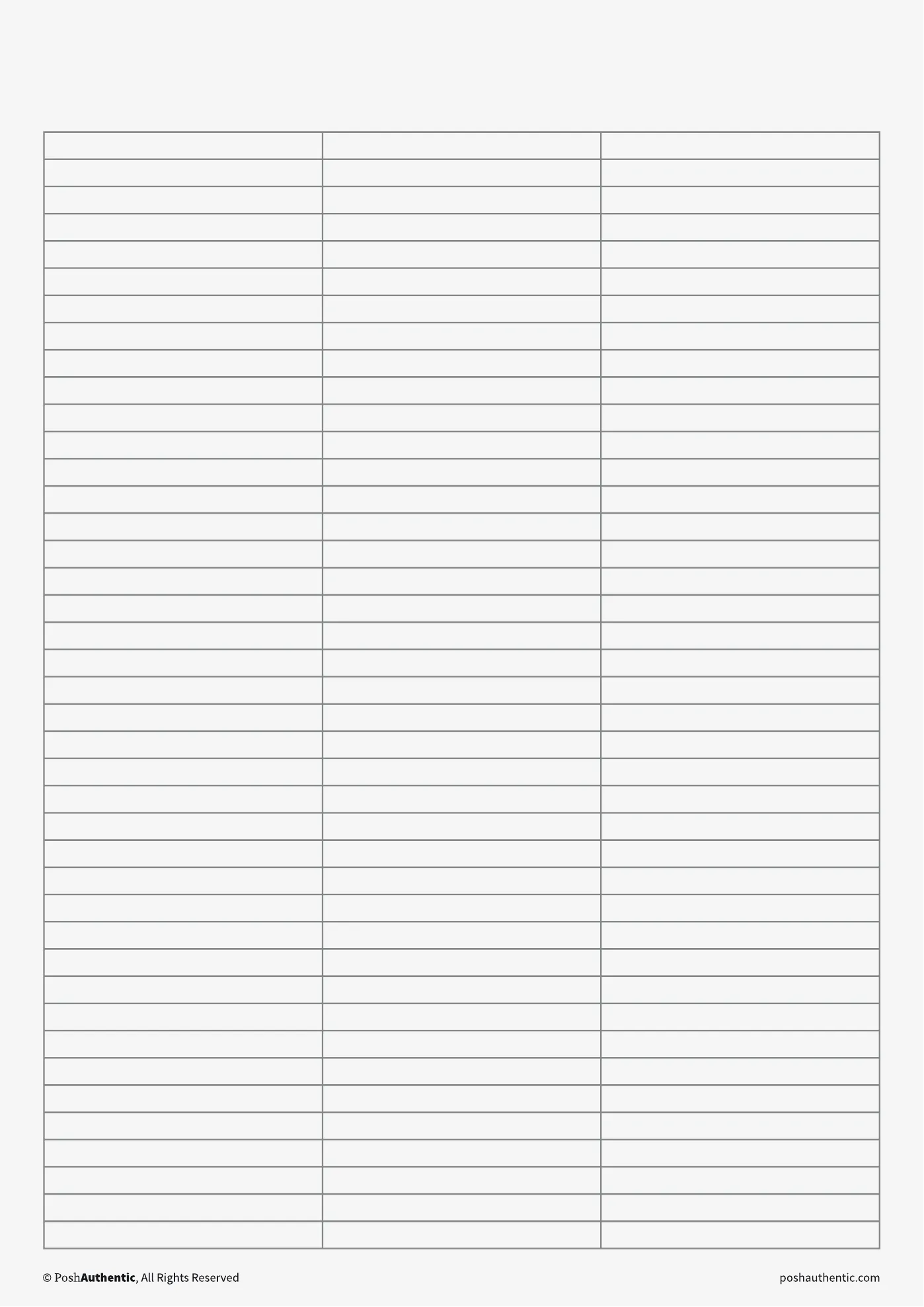 A table note template — the layout shown on a plain white sheet.