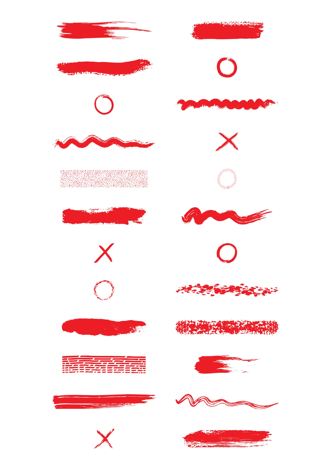 A sheet of the brushes sticker line in red, laid out in a grid so the drawing and the range are both visible.