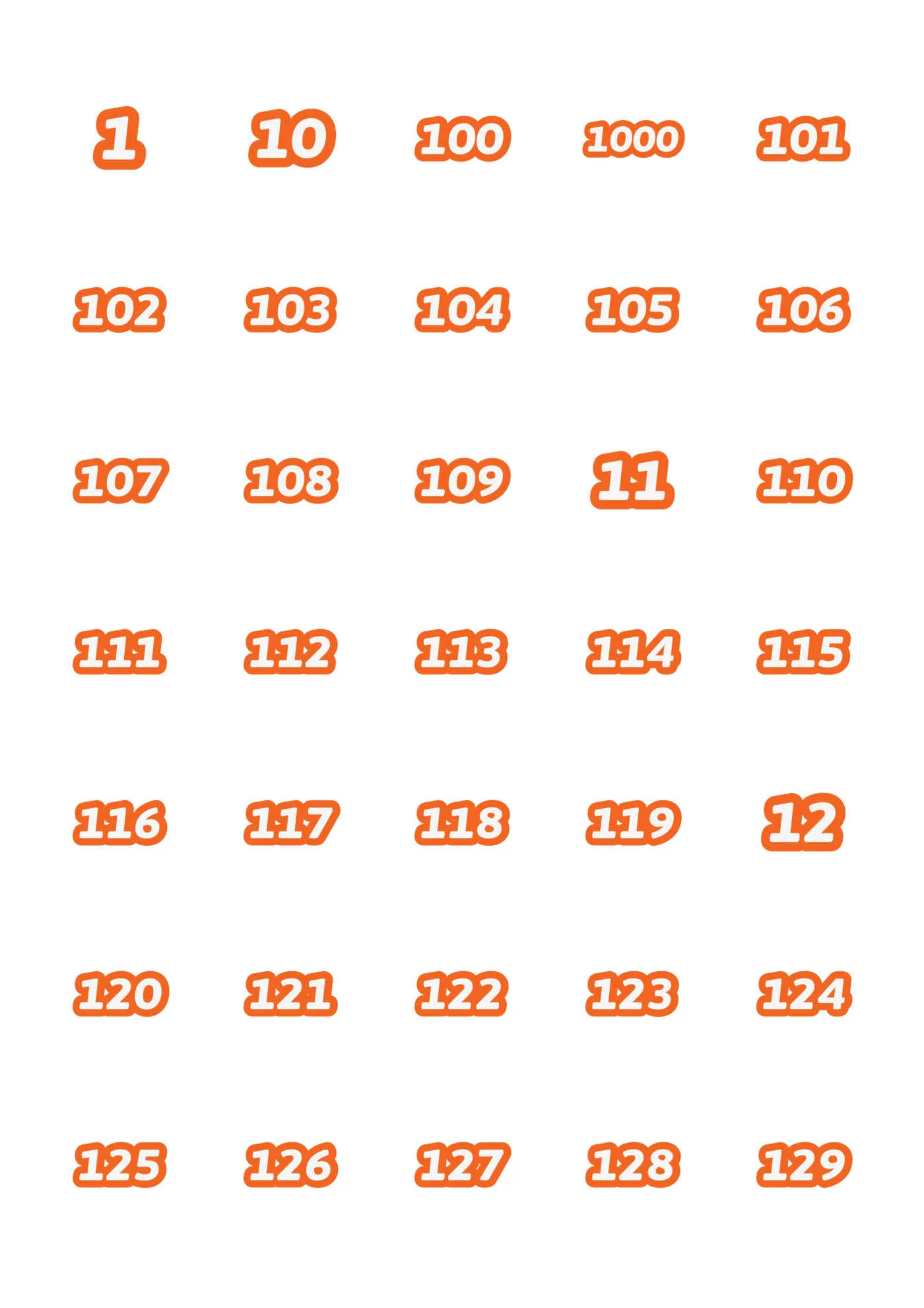 A sheet of the deluxe numbers italic sticker line in orange, laid out in a grid so the drawing and the range are both visible.
