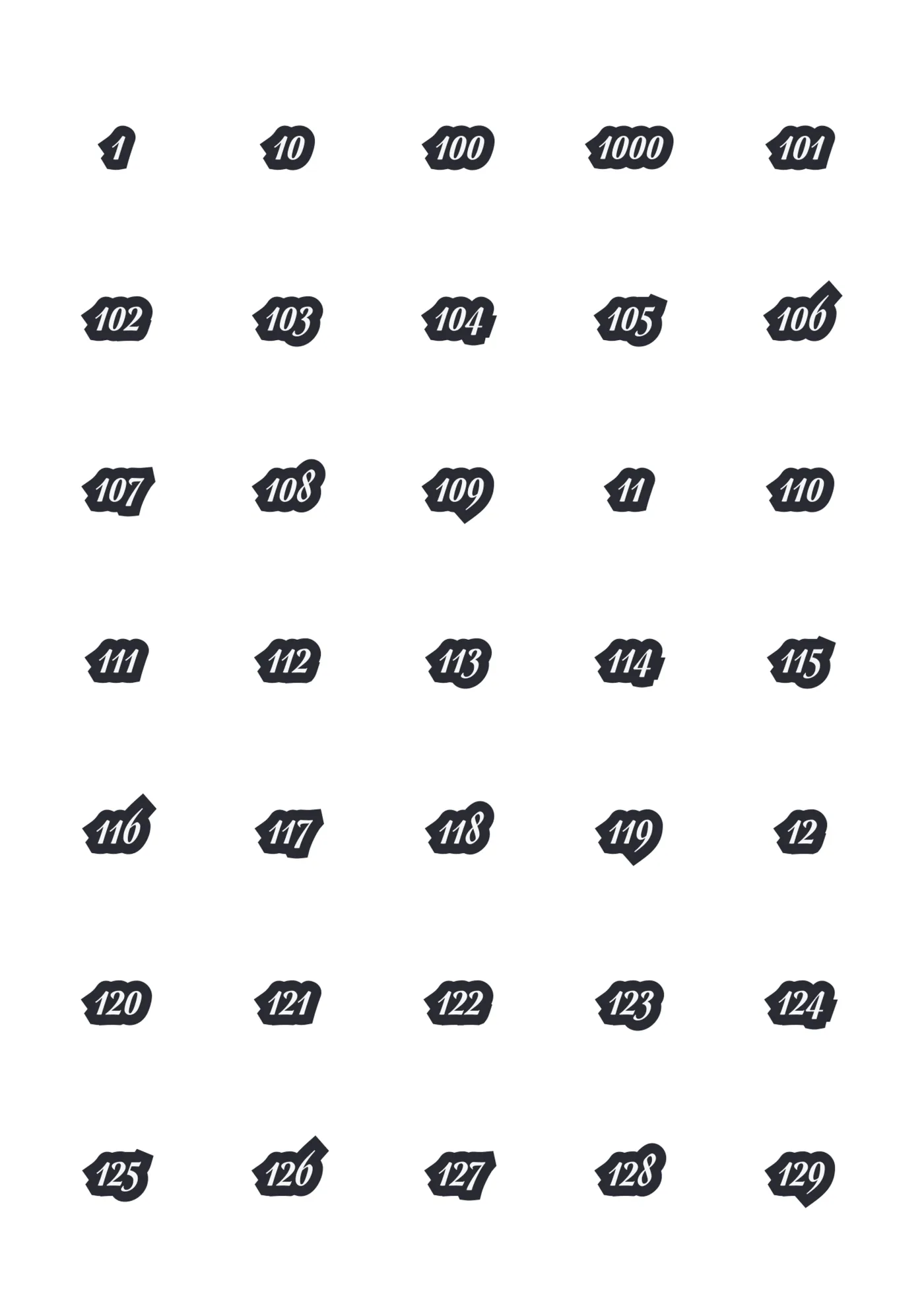 A sheet of the deluxe numbers script sticker line in black, laid out in a grid so the drawing and the range are both visible.