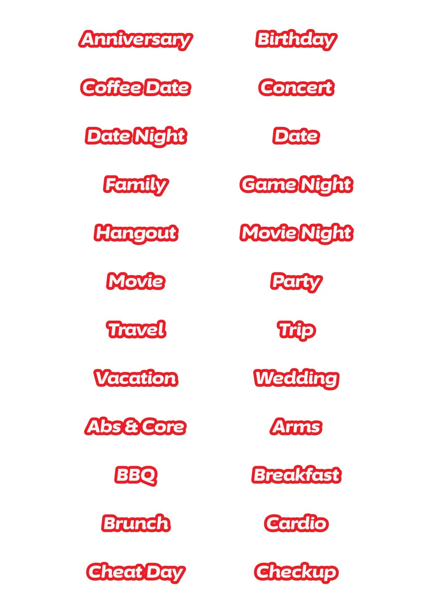 A sheet of the deluxe words italic sticker line in red, laid out in a grid so the drawing and the range are both visible.