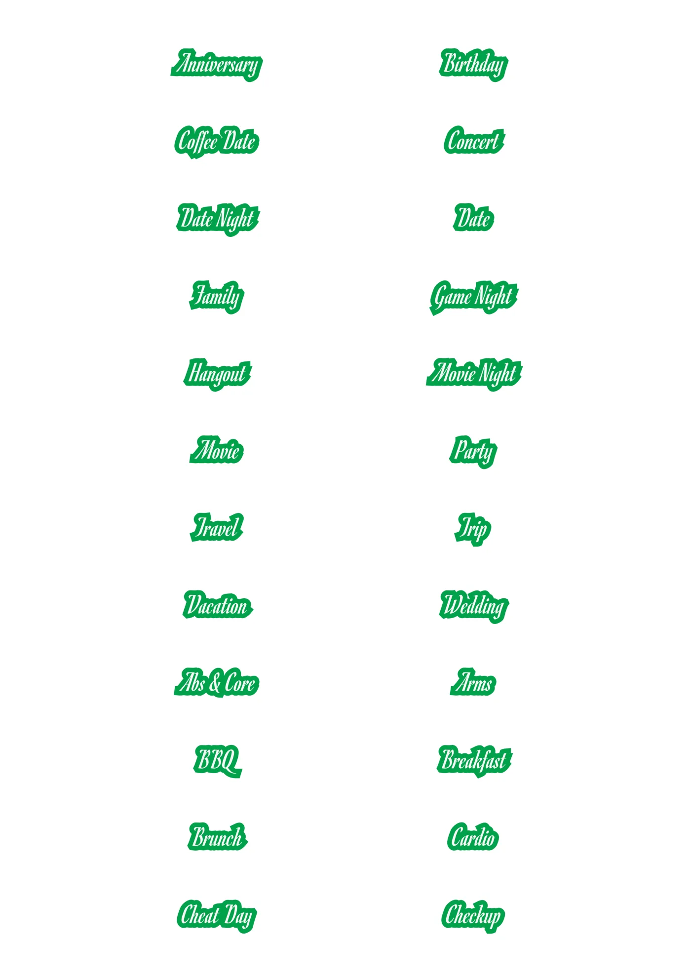 A sheet of the deluxe words script sticker line in green, laid out in a grid so the drawing and the range are both visible.