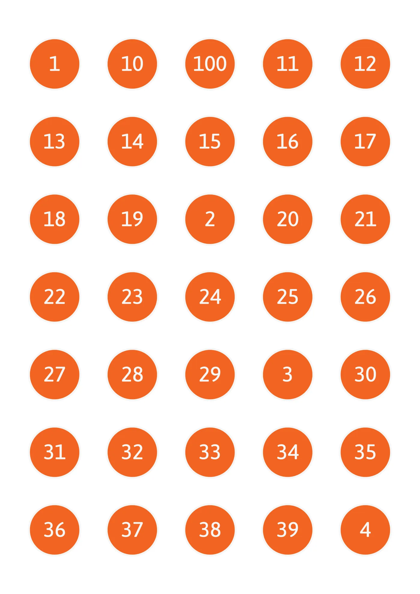 A sheet of the numbers sticker line in orange, laid out in a grid so the drawing and the range are both visible.