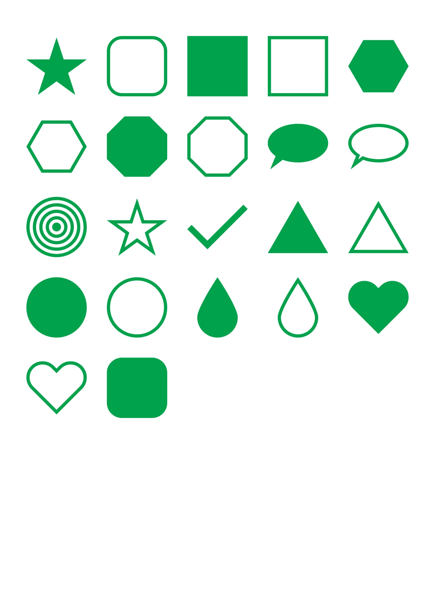 A sheet of the shapes sticker line in green, laid out in a grid so the drawing and the range are both visible.