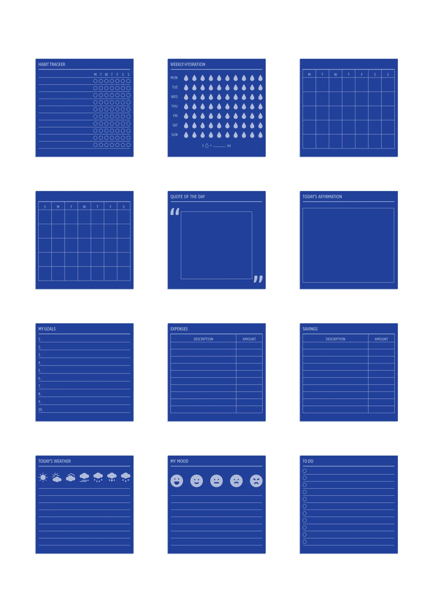 A sheet of the widgets sticker line in blue, laid out in a grid so the drawing and the range are both visible.