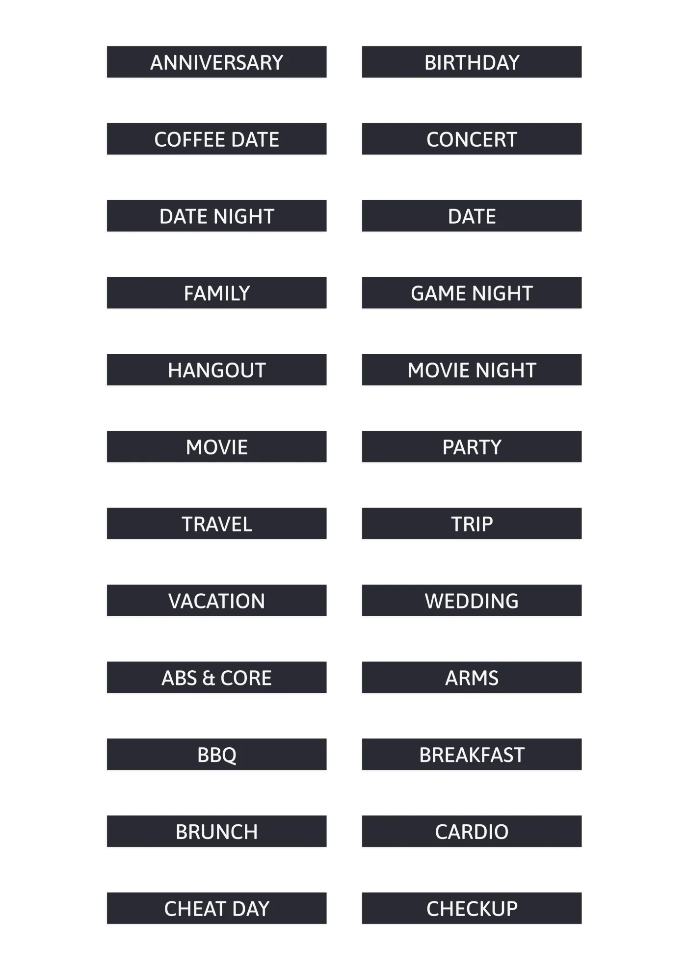 A sheet of the words sans sticker line in black, laid out in a grid so the drawing and the range are both visible.