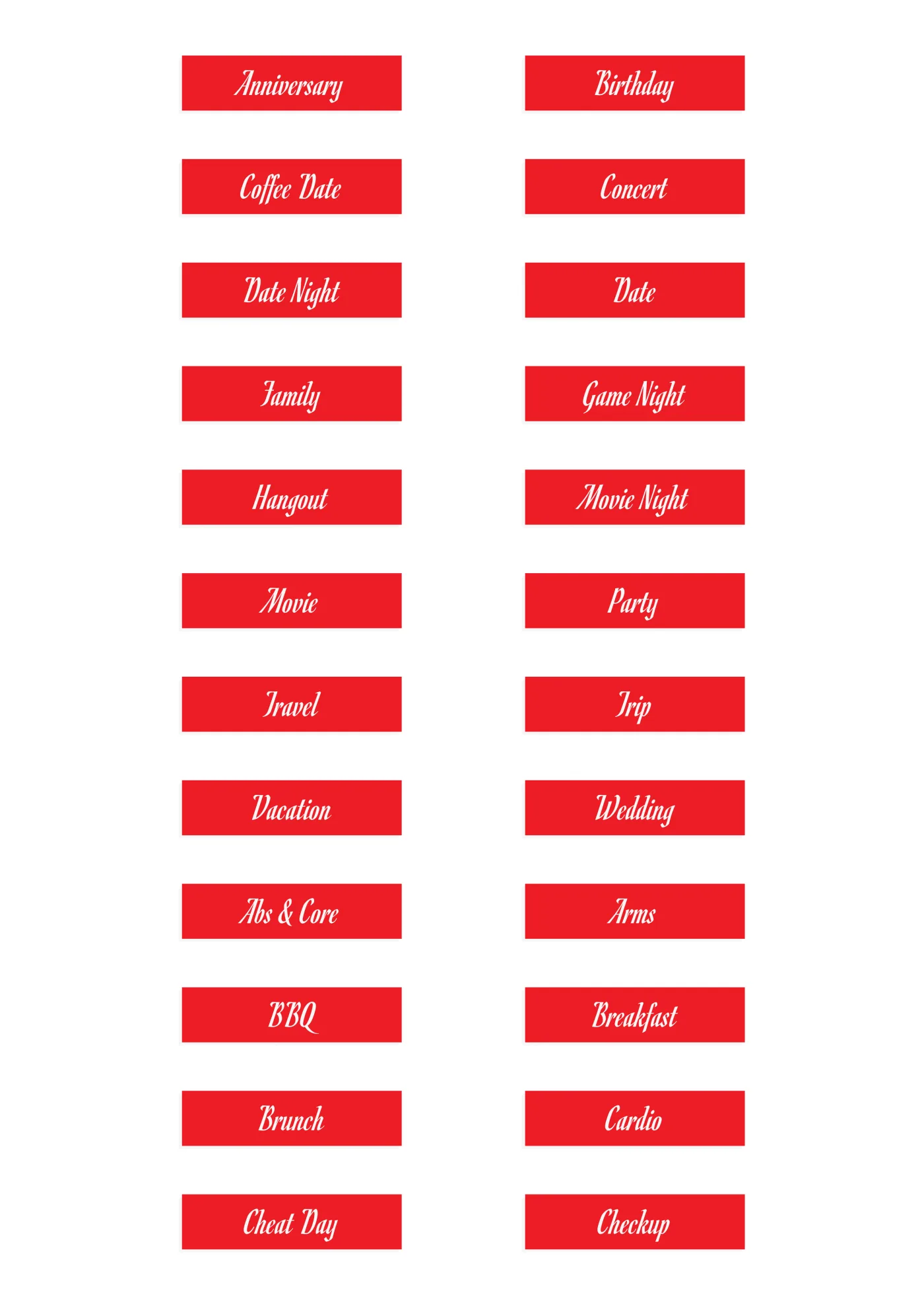 A sheet of the words script sticker line in red, laid out in a grid so the drawing and the range are both visible.