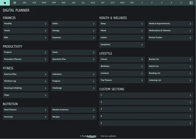 The planner’s dashboard page in the Aqua dark mode colorway — tappable section rows under the month navigation bar.