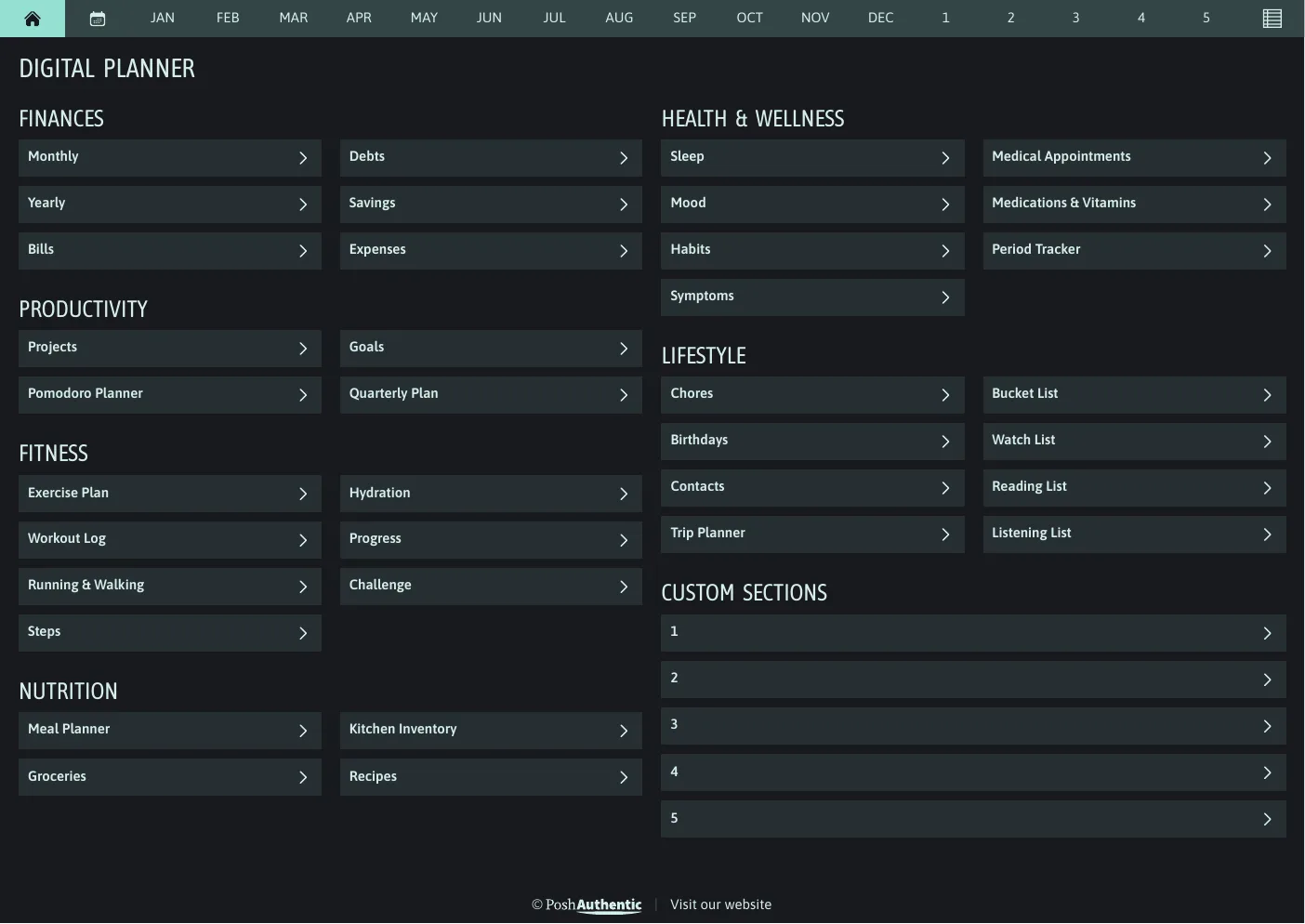 The planner’s dashboard page in the Aqua dark mode colorway — tappable section rows under the month navigation bar.