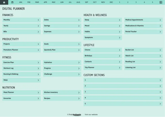 The planner’s dashboard page in the Aqua colorway — tappable section rows under the month navigation bar.