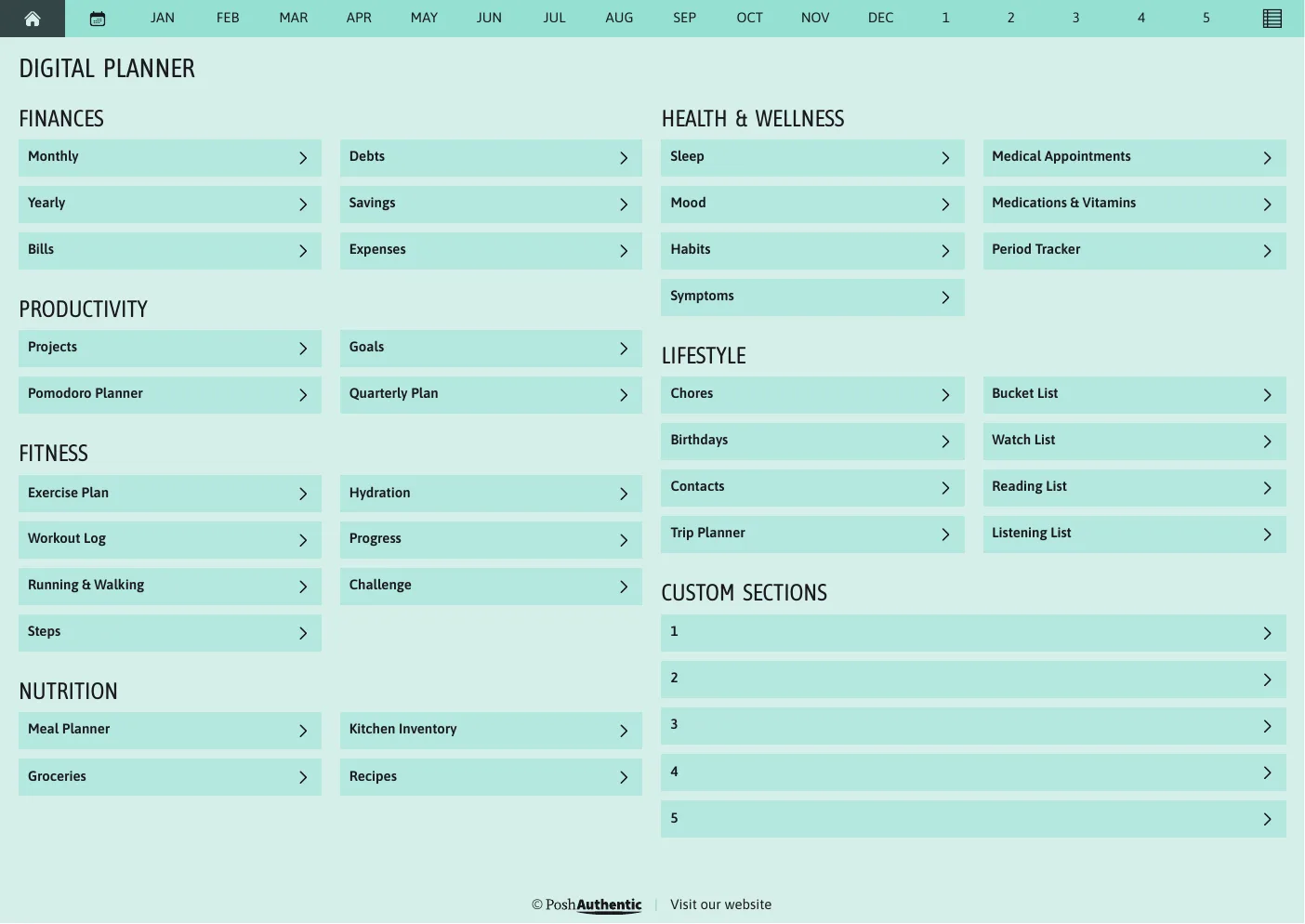 The planner’s dashboard page in the Aqua colorway — tappable section rows under the month navigation bar.