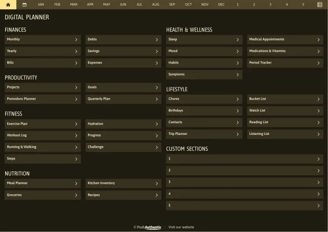The planner’s dashboard page in the Jasmine dark mode colorway — tappable section rows under the month navigation bar.