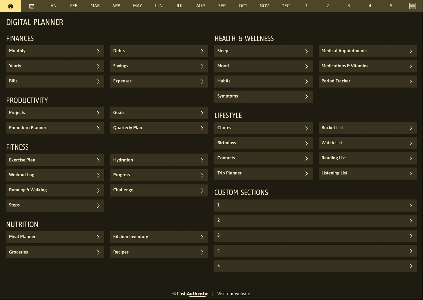 The planner’s dashboard page in the Jasmine dark mode colorway — tappable section rows under the month navigation bar.