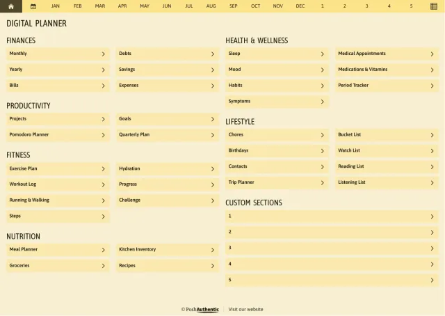 The planner’s dashboard page in the Jasmine colorway — tappable section rows under the month navigation bar.