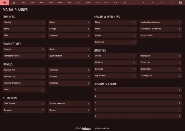 The planner’s dashboard page in the Melon dark mode colorway — tappable section rows under the month navigation bar.