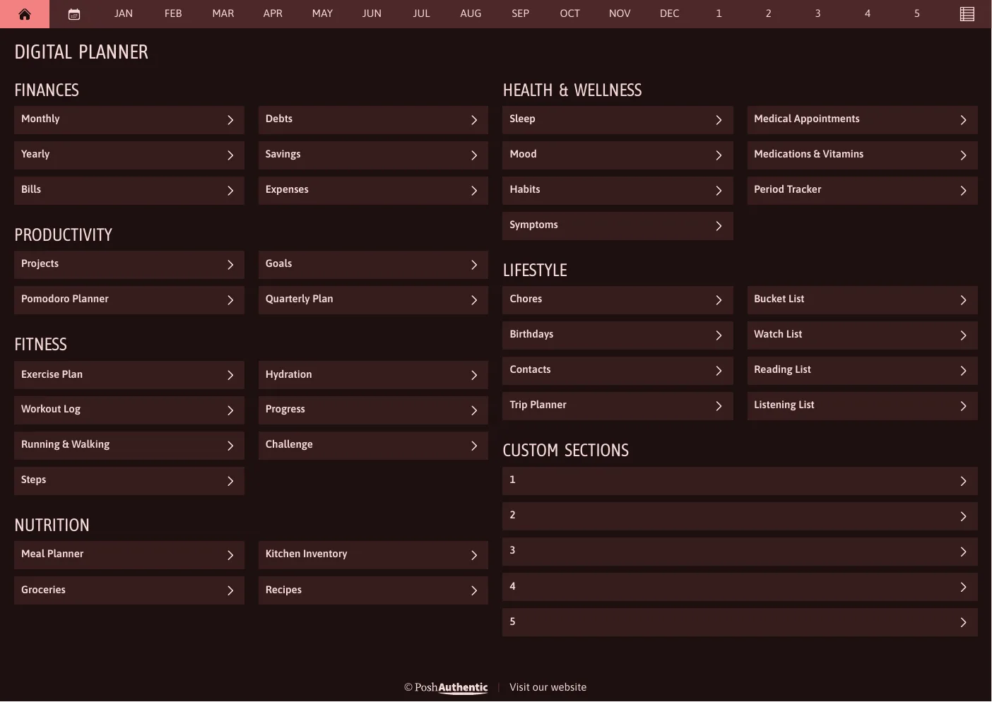 The planner’s dashboard page in the Melon dark mode colorway — tappable section rows under the month navigation bar.