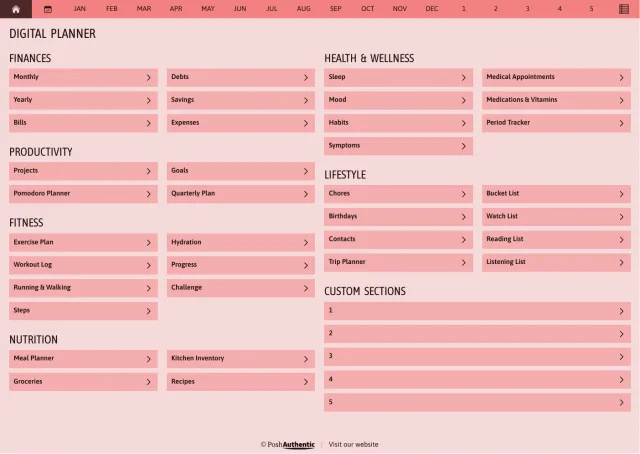 The planner’s dashboard page in the Melon colorway — tappable section rows under the month navigation bar.
