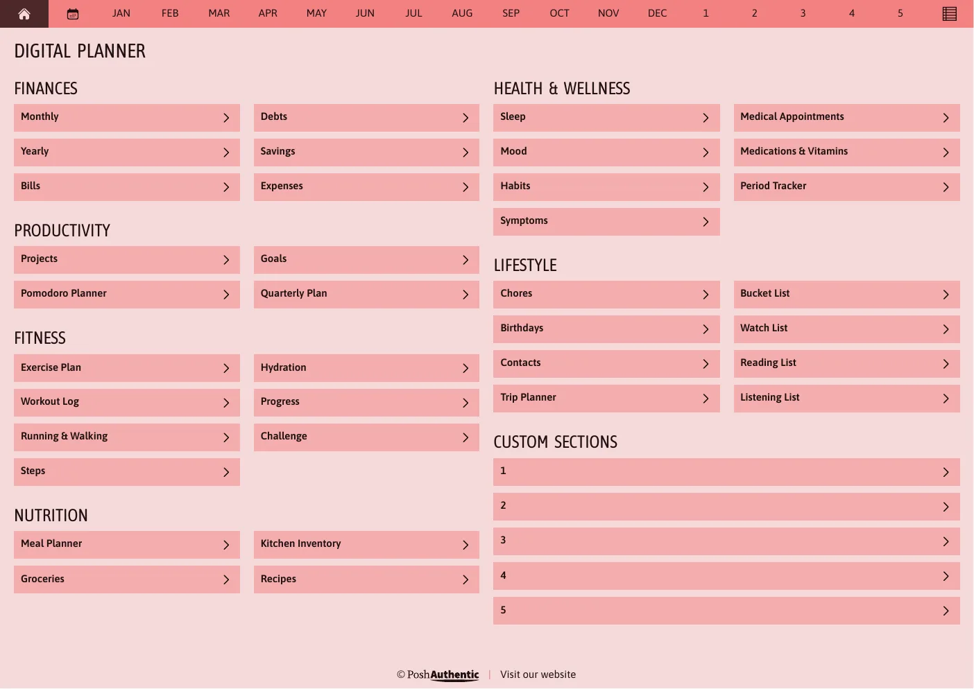 The planner’s dashboard page in the Melon colorway — tappable section rows under the month navigation bar.