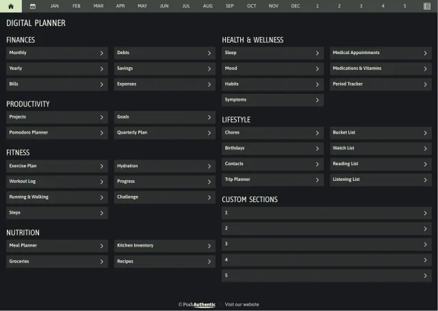 The planner’s dashboard page in the Sherbert dark mode colorway — tappable section rows under the month navigation bar.