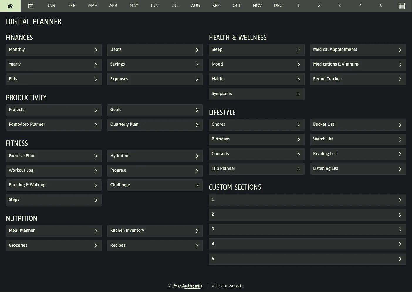 The planner’s dashboard page in the Sherbert dark mode colorway — tappable section rows under the month navigation bar.