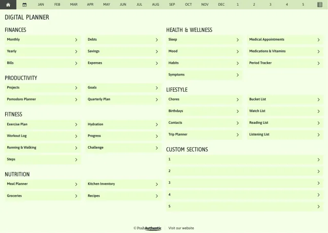 The planner’s dashboard page in the Sherbert colorway — tappable section rows under the month navigation bar.