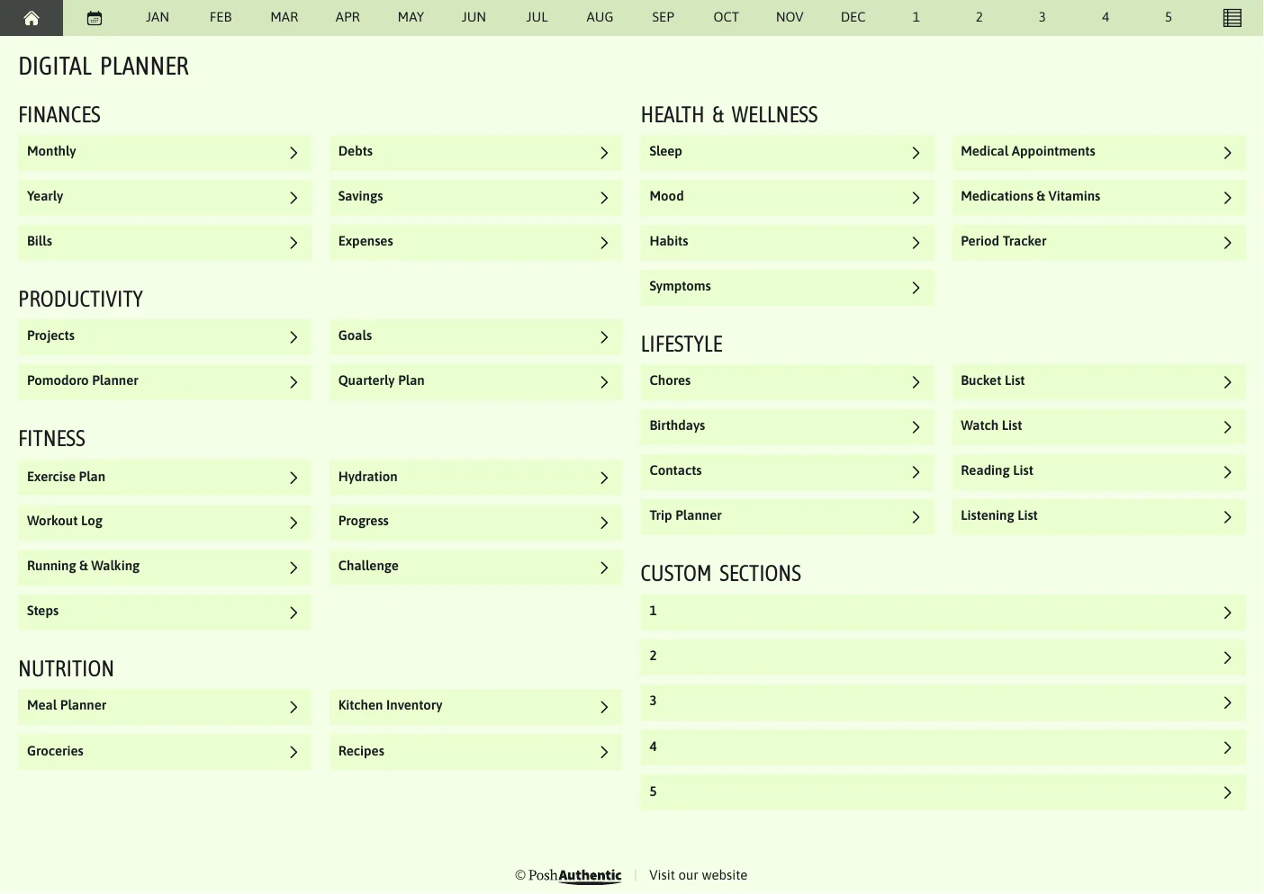 The planner’s dashboard page in the Sherbert colorway — tappable section rows under the month navigation bar.