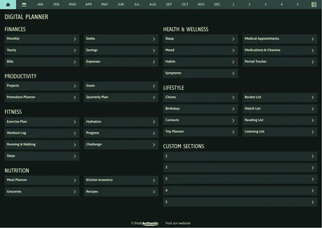 The planner’s dashboard page in the Summer Breeze dark mode colorway — tappable section rows under the month navigation bar.