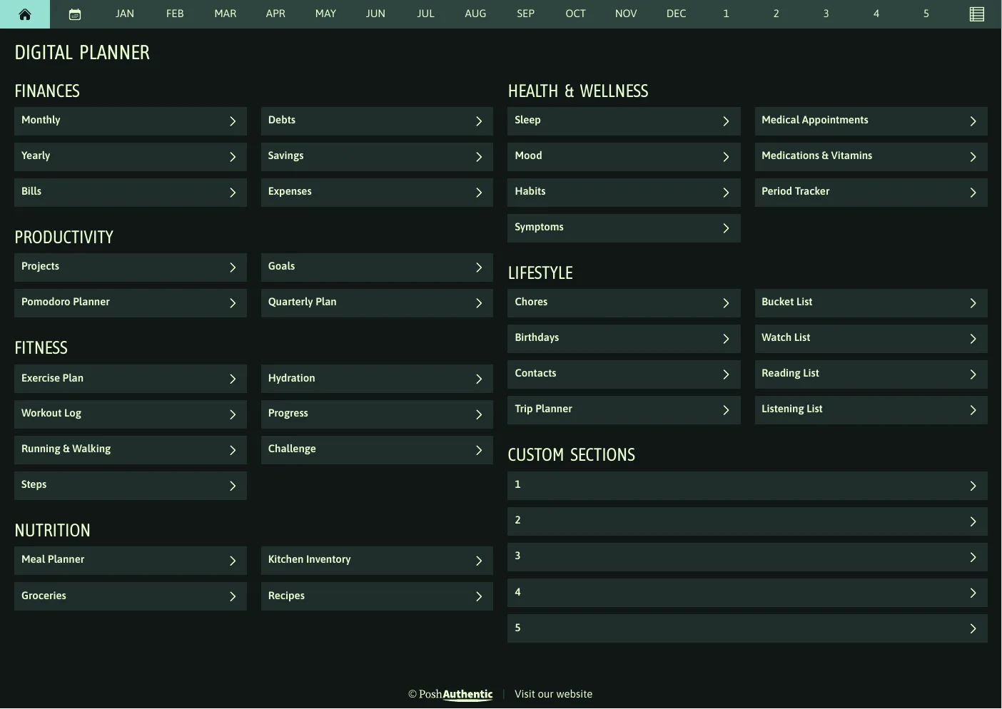 The planner’s dashboard page in the Summer Breeze dark mode colorway — tappable section rows under the month navigation bar.