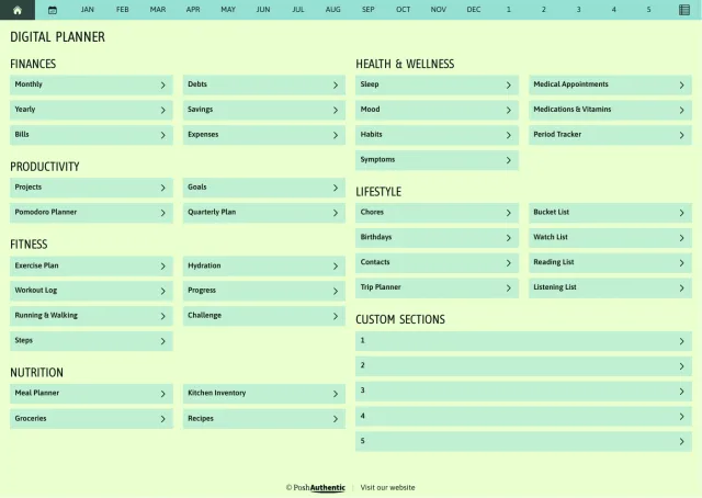 The planner’s dashboard page in the Summer Breeze colorway — tappable section rows under the month navigation bar.