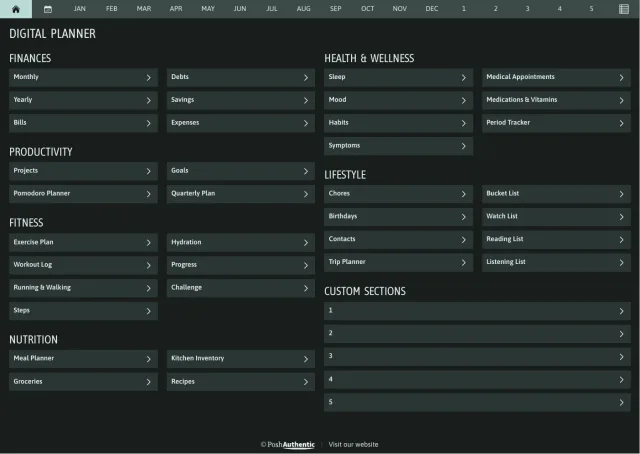 The planner’s dashboard page in the Jade dark mode colorway — tappable section rows under the month navigation bar.